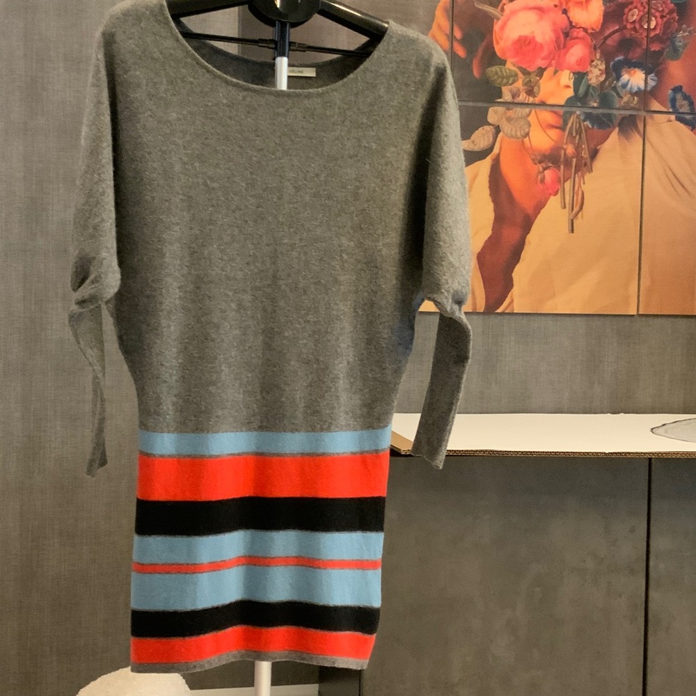 Céline Gray coral, baby blue and black Striped Sweater dress Small